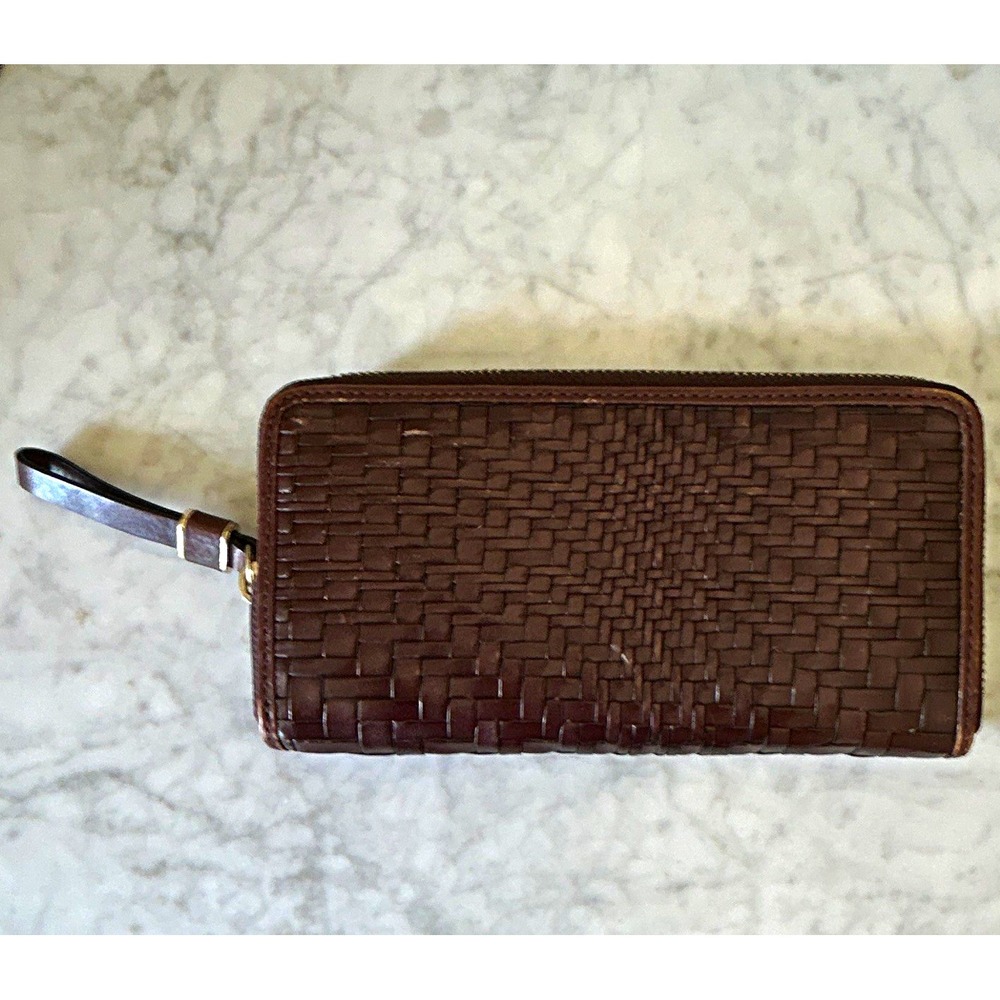 Cole Haan Women's Brown Woven Zip-Around Wallet w/ Zipper Logo, Credit Card
